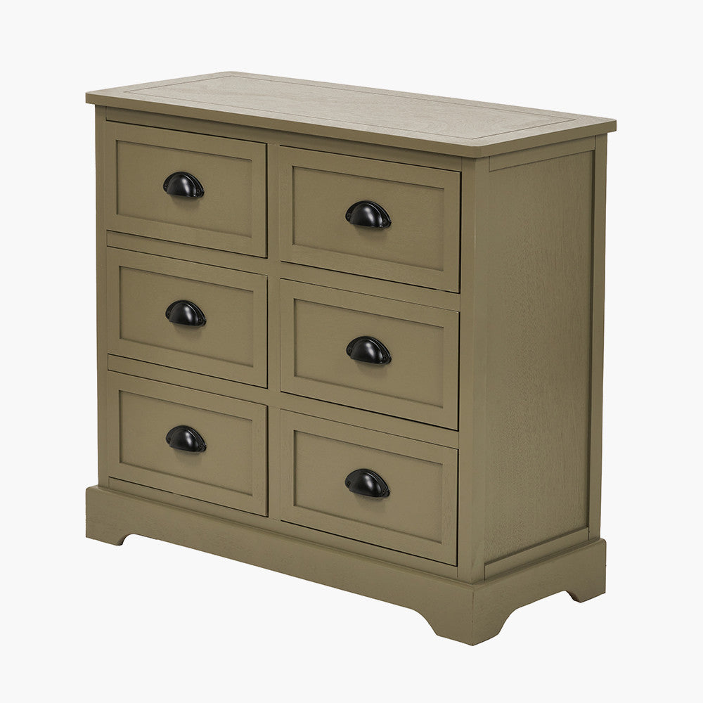 Beige dresser with six drawers and black handles on a white background