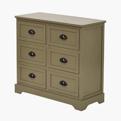 Beige dresser with six drawers and black handles on a white background