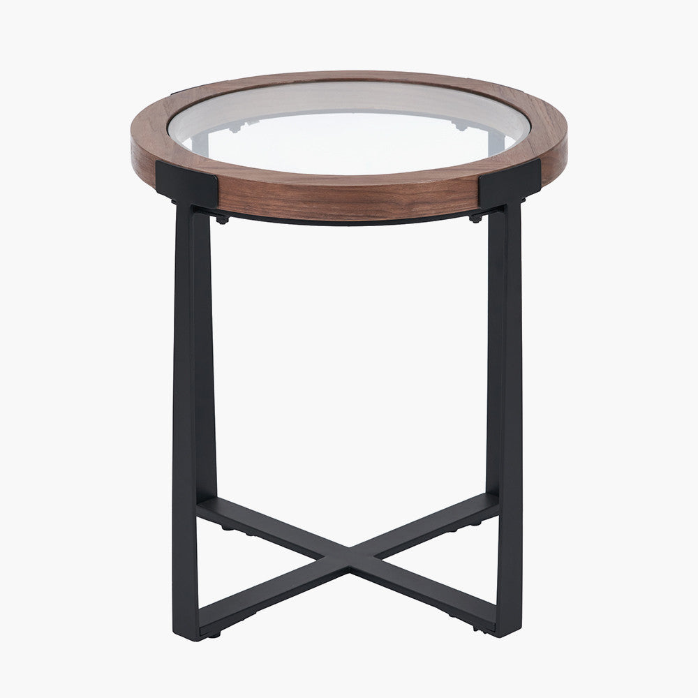 Vermont Clear Glass & Light Walnut Wood Veneer Side Table