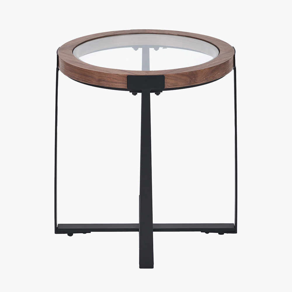 Vermont Clear Glass & Light Walnut Wood Veneer Side Table