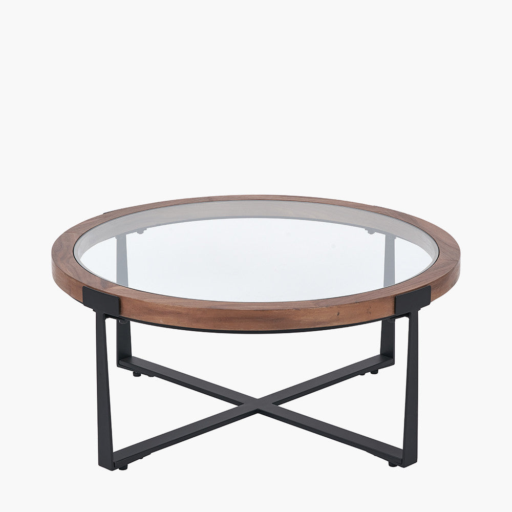 Vermont Clear Glass & Light Walnut Wood Veneer Coffee Table