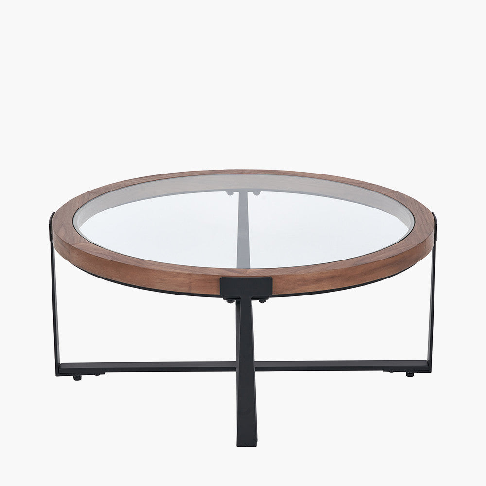 Vermont Clear Glass & Light Walnut Wood Veneer Coffee Table
