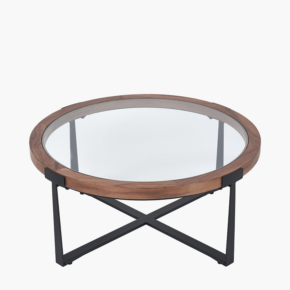 Vermont Clear Glass & Light Walnut Wood Veneer Coffee Table