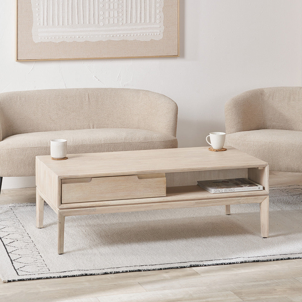Gio White Sand Acacia Wood 2 Drawer Coffee Table