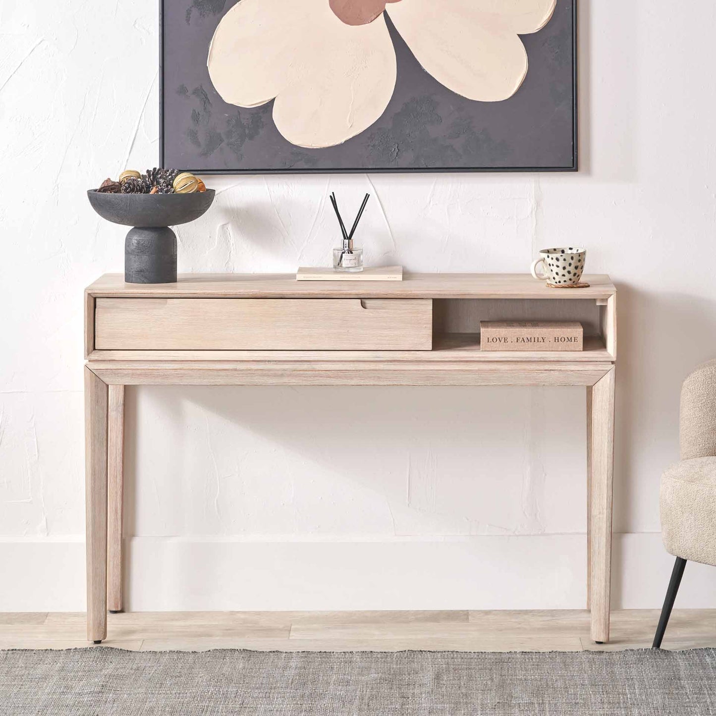 Gio White Sand Acacia Wood 1 Drawer Console Table