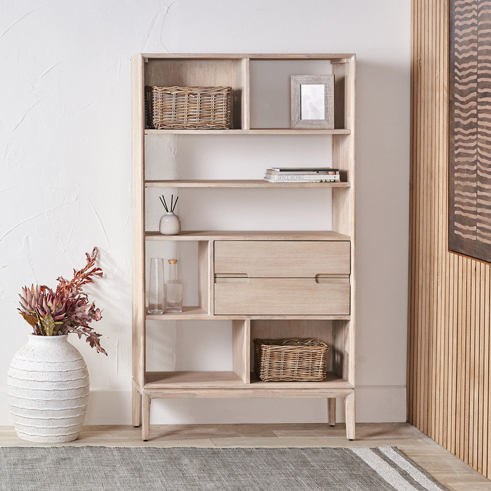 Gio White Sand Acacia Wood 2 Drawer 7 Niche Shelf Unit