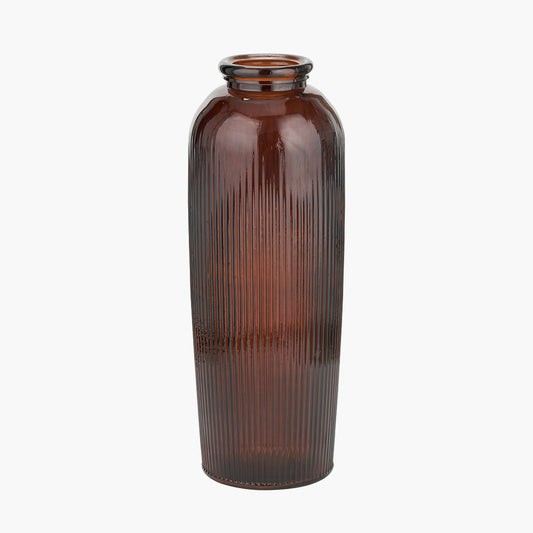 Pecan Brown Recycled Glass Ribbed Tall Vase – Sustainable Statement Vase