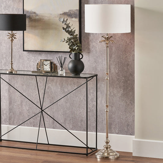 Trafalgar Nickel Metal Palm Tree Floor Lamp Base with Harry 45cm Ivory Cotton Mix Cylinder Lampshade