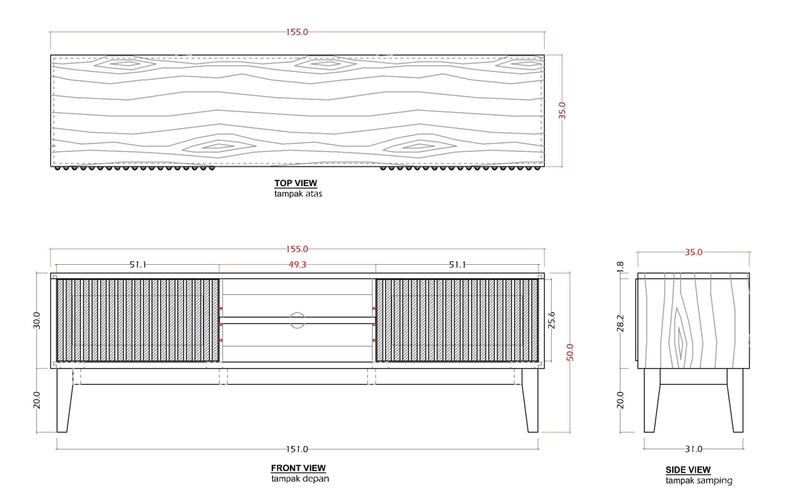 Technical drawings of a wooden cabinet with dimensions labeled