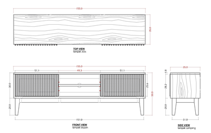 Technical drawings of a wooden cabinet with dimensions labeled