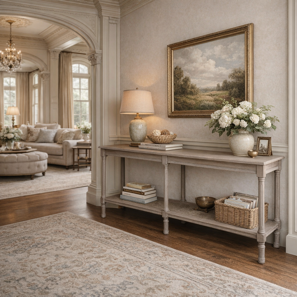 Living room with a console table, floral arrangement, and painting on the wall.