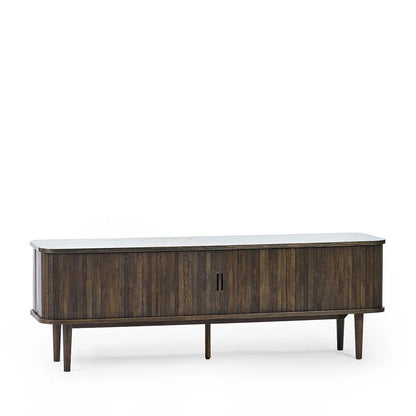 Elevate your living room with the Arya TV Media Unit in refined dark oak effect finish with sliding slatted doors. Perfect for modern homes. Shop online today at www.nobleandnook.co.uk