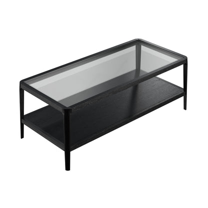 Shop the Abberley Coffee Table in Black stained solid oak and oak veneer with a sleek glass top and visible wood grain. FREE UK Mainland Delivery. Shop online today at www.nobleadnnook.co.uk