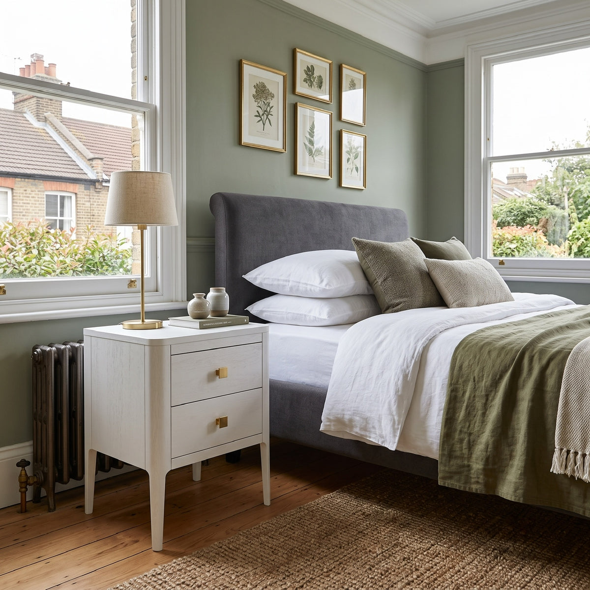 A styled bedroom scene featuring a bed with white and olive green bedding, a gray upholstered headboard, a white nightstand with gold-tone handles, a table lamp, framed botanical prints on the wall, and windows looking out onto garden views.