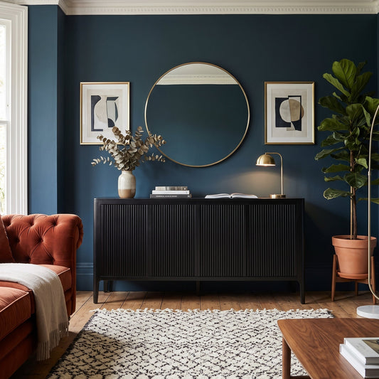 A styled interior room scene featuring a black ribbed sideboard cabinet against a deep blue wall, with a round gold-framed mirror, two framed abstract prints, a brass table lamp, a vase with dried branches, a terracotta planter with a fiddle-leaf fig, a rust-orange tufted sofa, and a black-and-white patterned rug.