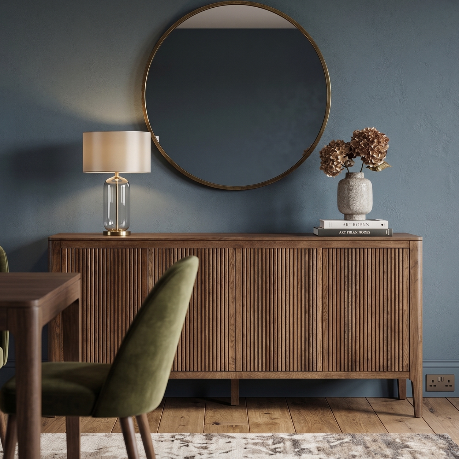 A styled interior scene featuring a mid-century modern wooden sideboard with a round brass mirror, a table lamp, and a vase of dried flowers against a dark blue wall. In the foreground, green velvet dining chairs surround a wooden dining table on a patterned rug.