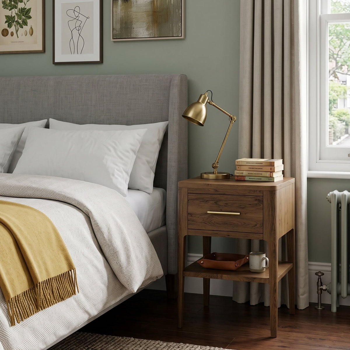 A modern bedroom scene featuring a dark wood nightstand with a single drawer and open shelf, styled with a brass desk lamp, books, and a mug. The nightstand is positioned next to a bed with a gray upholstered headboard, white bedding, and a mustard yellow throw blanket, set against a sage green wall.