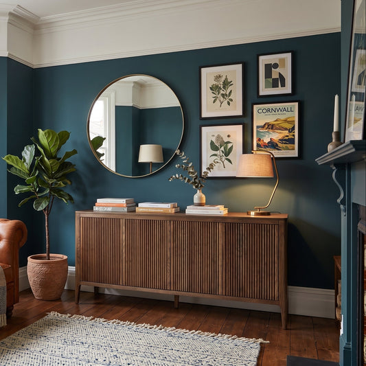 A styled living room corner featuring a dark teal accent wall, a mid-century modern wooden credenza, a round wall mirror, framed botanical prints, a brown leather sofa, and a potted fiddle-leaf fig plant.