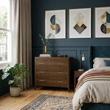 A styled bedroom interior featuring a dark wood three-drawer dresser, a bed with neutral linens, framed geometric wall art, and a deep navy blue wall. The dresser has gold-toned handles and sits next to a window with beige curtains.