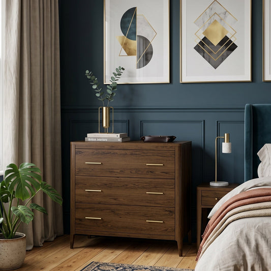 A styled bedroom interior featuring a dark wood three-drawer dresser, a bed with neutral linens, framed geometric wall art, and a deep navy blue wall. The dresser has gold-toned handles and sits next to a window with beige curtains.