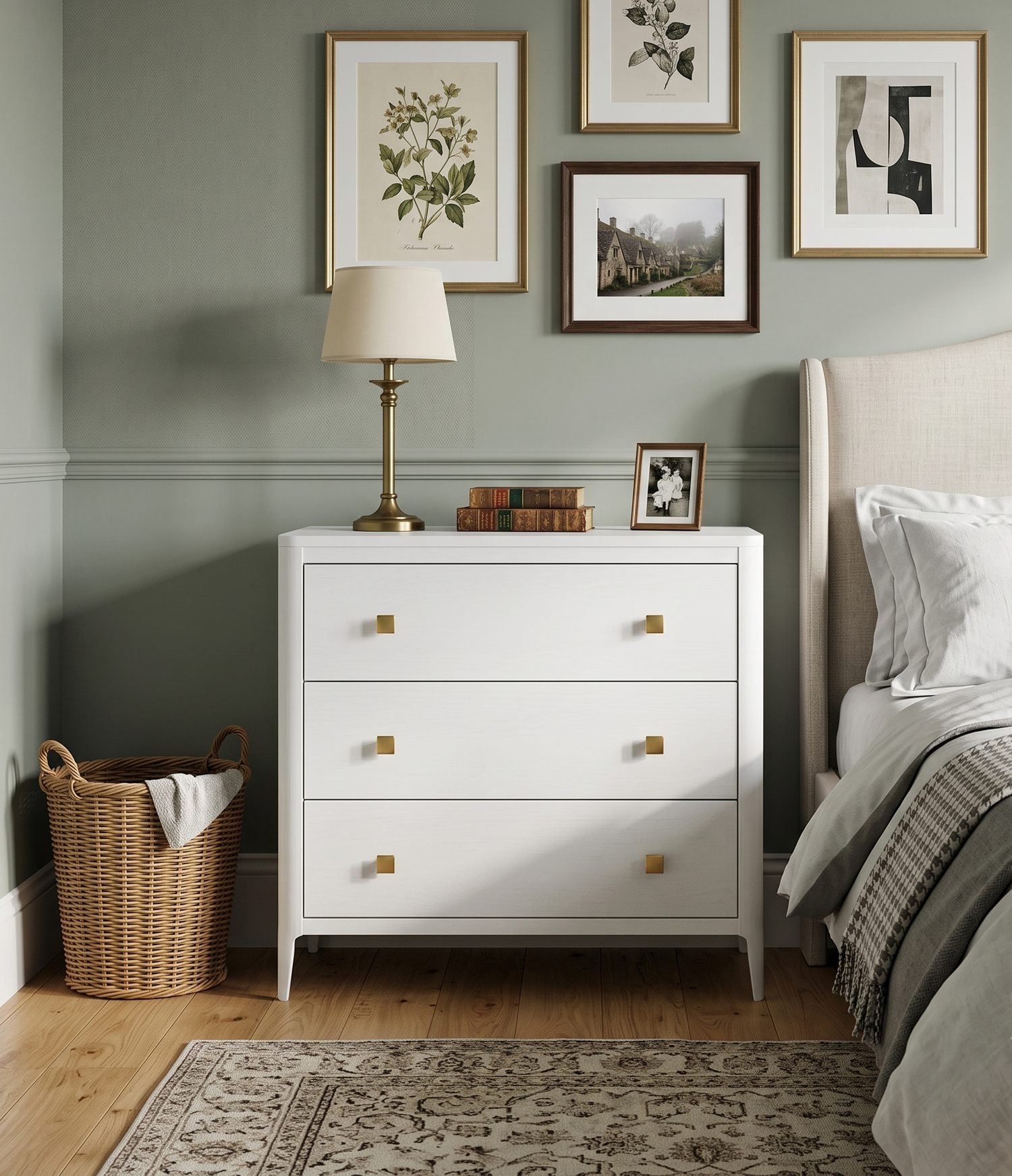 White dresser with gold knobs in a bedroom setting with framed art on the wall.