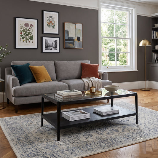 A modern gray fabric sofa in a styled living room, decorated with teal, mustard yellow, and rust-orange throw pillows. In front of the sofa is a black-framed glass-top coffee table on a distressed blue and beige patterned area rug.