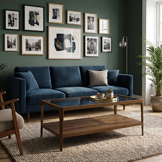 A modern living room scene featuring a dark blue velvet sofa as the primary product, styled with a wooden coffee table, a woven rug, a green wall, and framed art.
