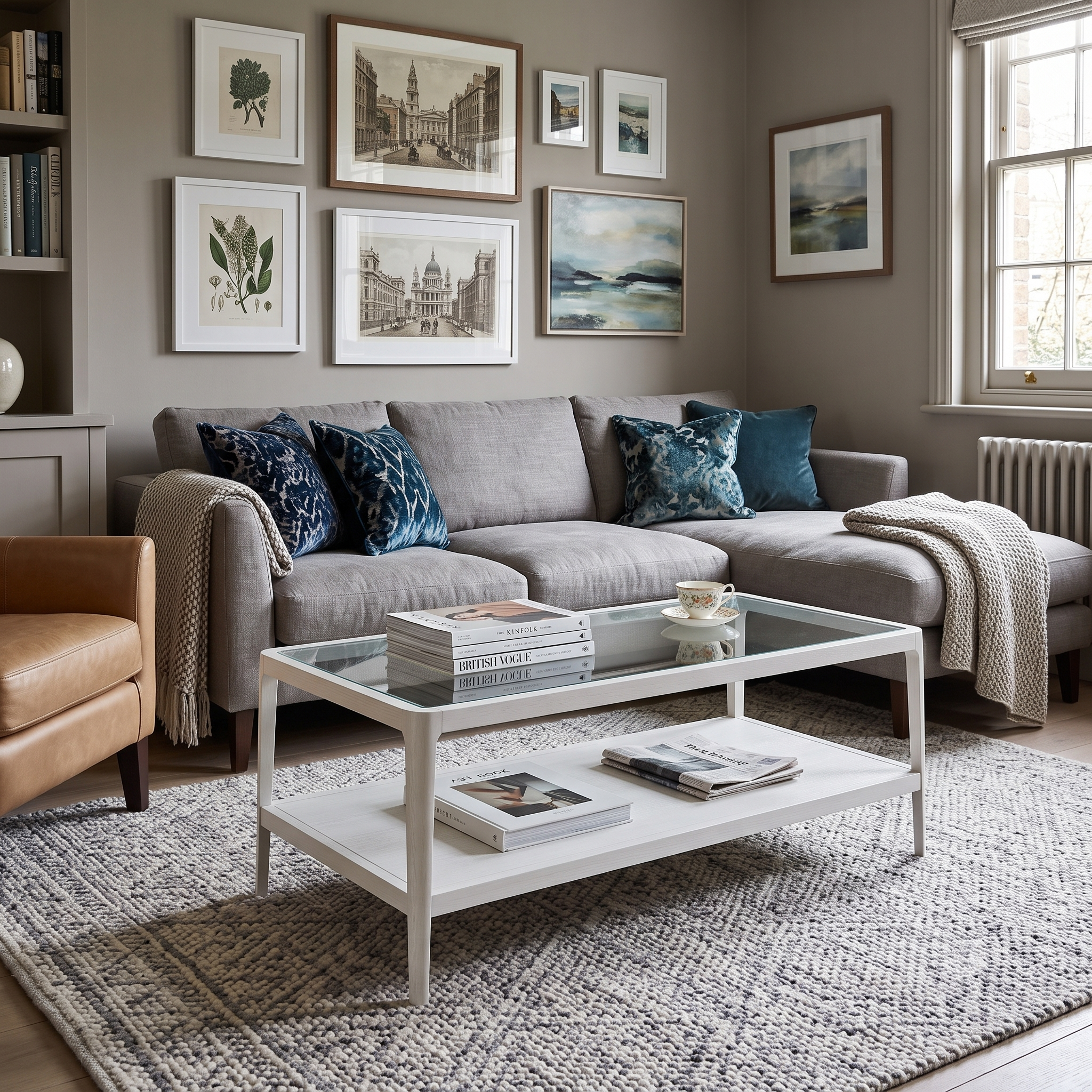 A modern living room featuring a light gray L-shaped sectional sofa with blue patterned and teal throw pillows, a white glass-top coffee table, a brown leather armchair, and a large gray patterned rug. The walls are decorated with multiple framed art prints.