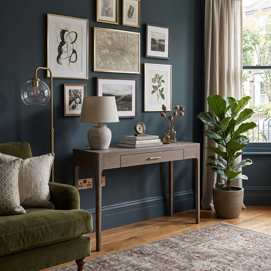 A styled interior room with a dark teal wall, framed wall art, a wooden console table with a lamp and books, an olive green armchair, a floor lamp, and a large potted plant near a window.