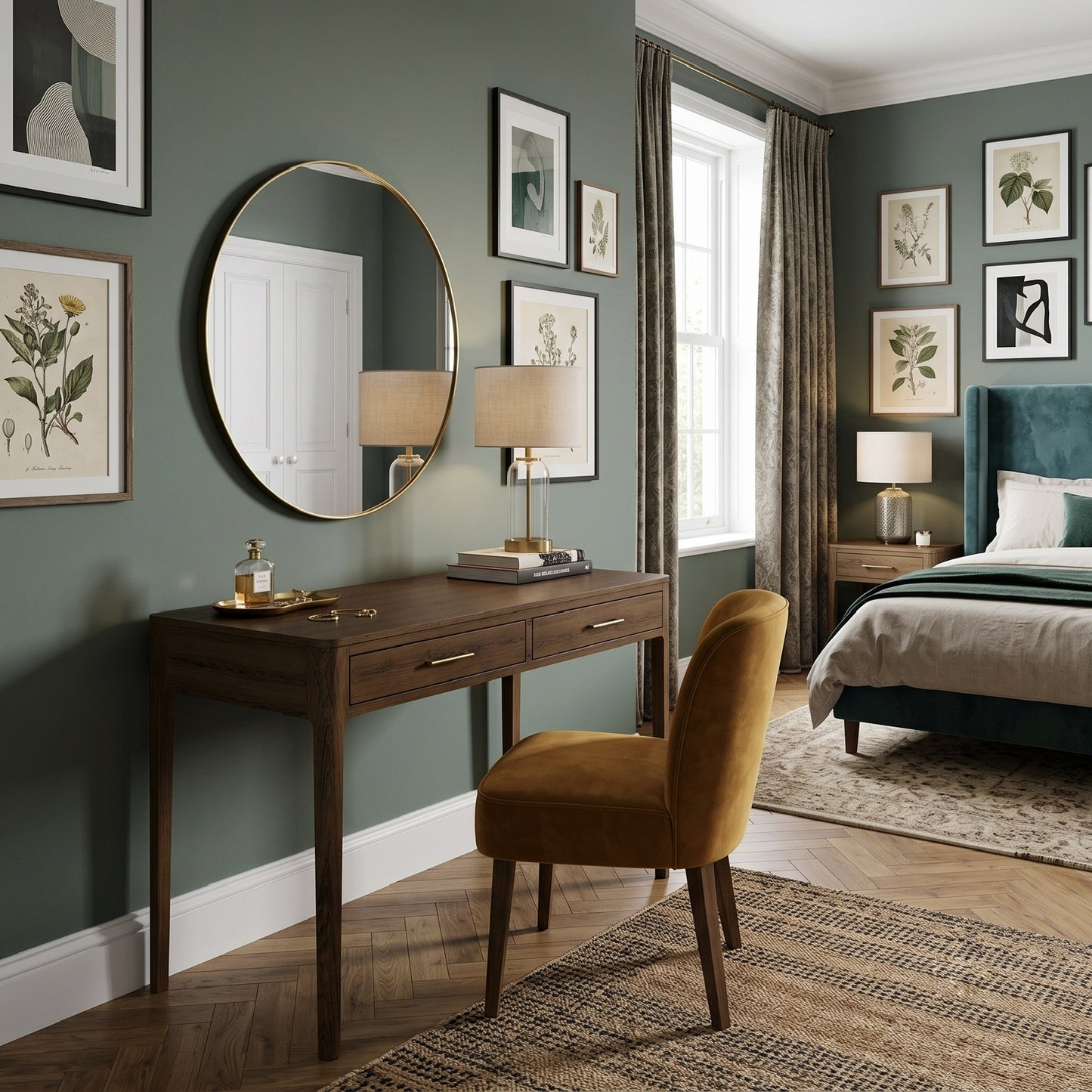 A styled bedroom interior featuring a dark wood writing desk with a mustard velvet chair, set against a sage green wall with botanical wall art and a large round mirror.