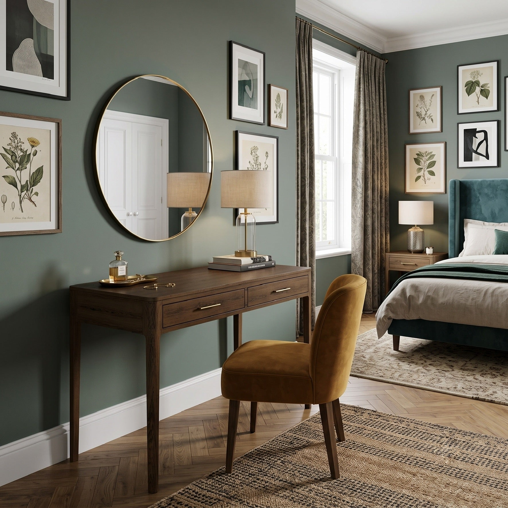 A styled bedroom interior featuring a dark wood writing desk with a mustard velvet chair, set against a sage green wall with botanical wall art and a large round mirror.