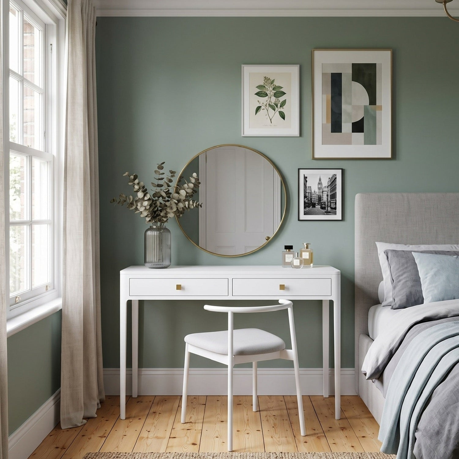 A styled bedroom corner featuring a white vanity table with a round mirror, matching white chair, and a gray upholstered bed against a sage green wall with framed art.