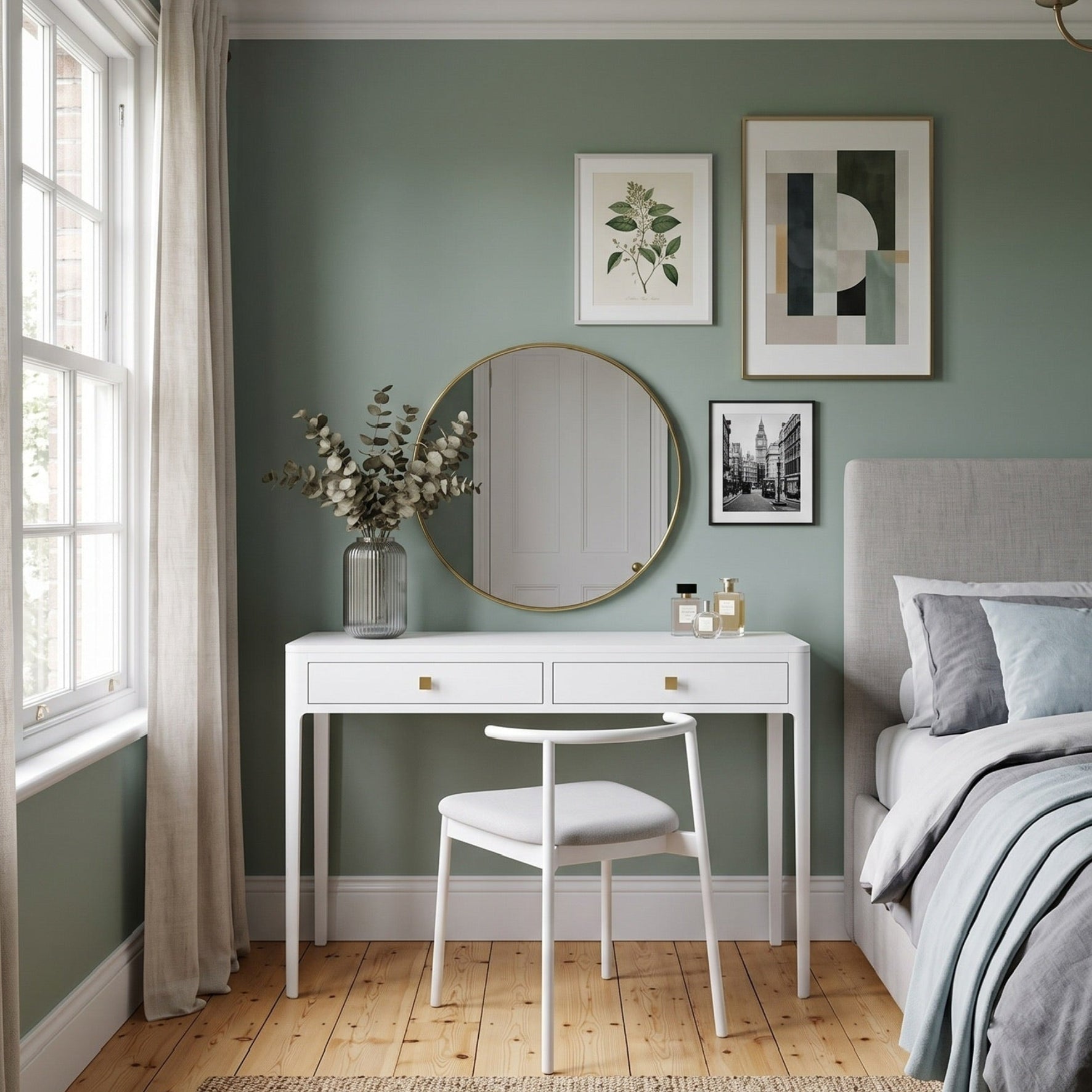 A styled bedroom corner featuring a white vanity table with a round mirror, matching white chair, and a gray upholstered bed against a sage green wall with framed art.