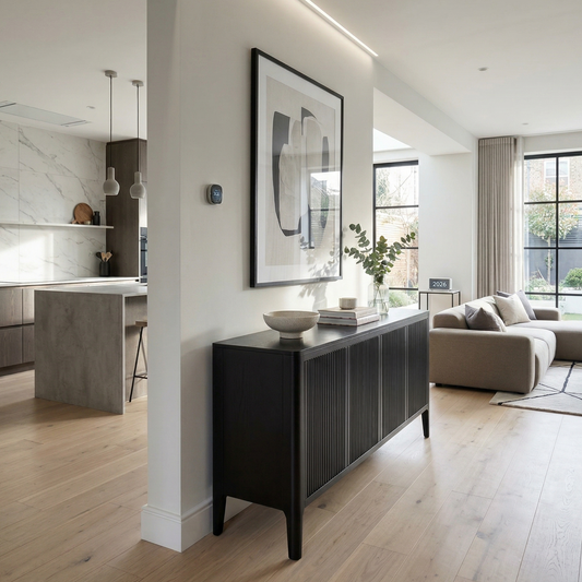 Modern living room with a black console table, gray sofa, and large windows.