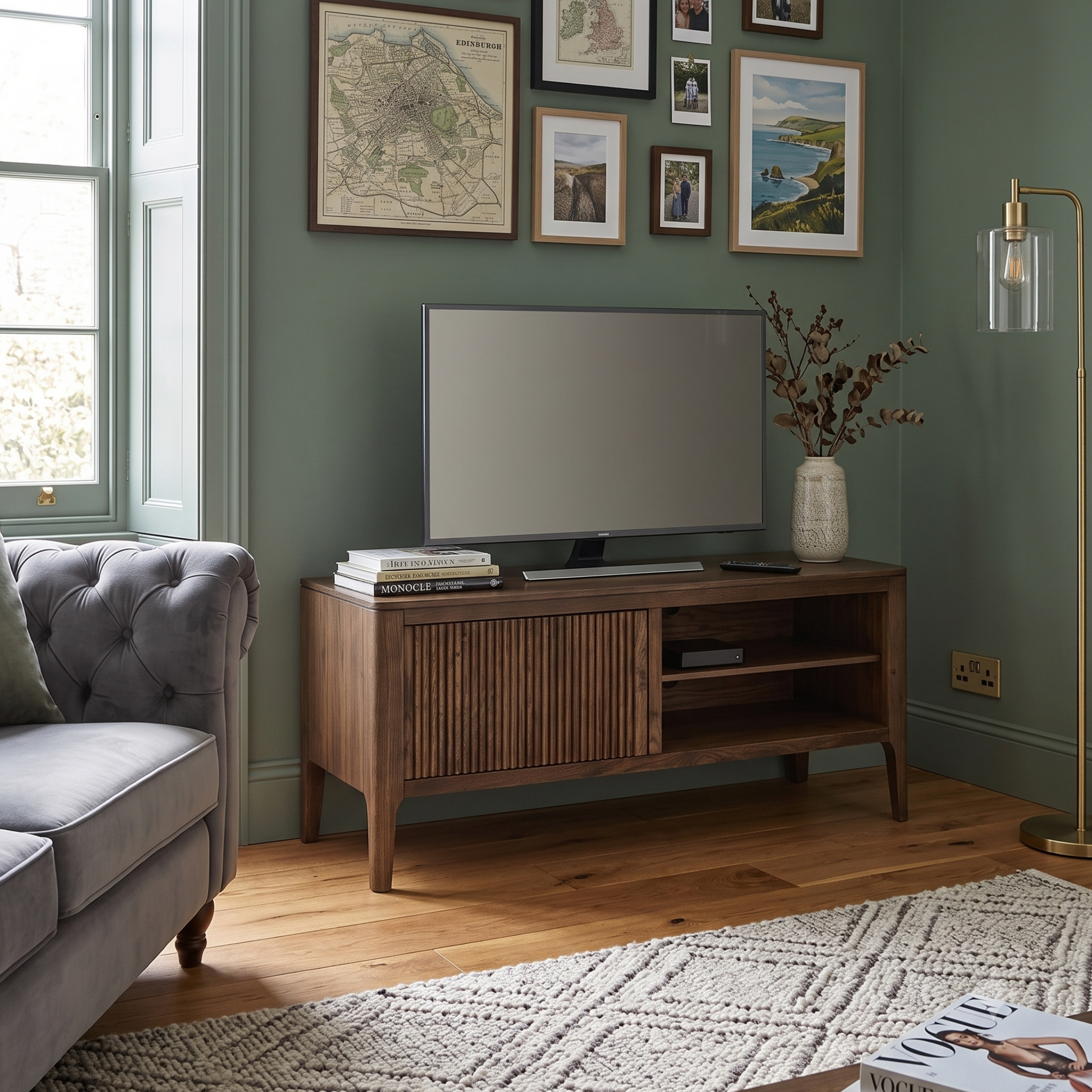 A mid-century modern wooden TV stand in a styled living room with a green wall, framed maps and art, a gray tufted sofa, a floor lamp, and a TV on top.