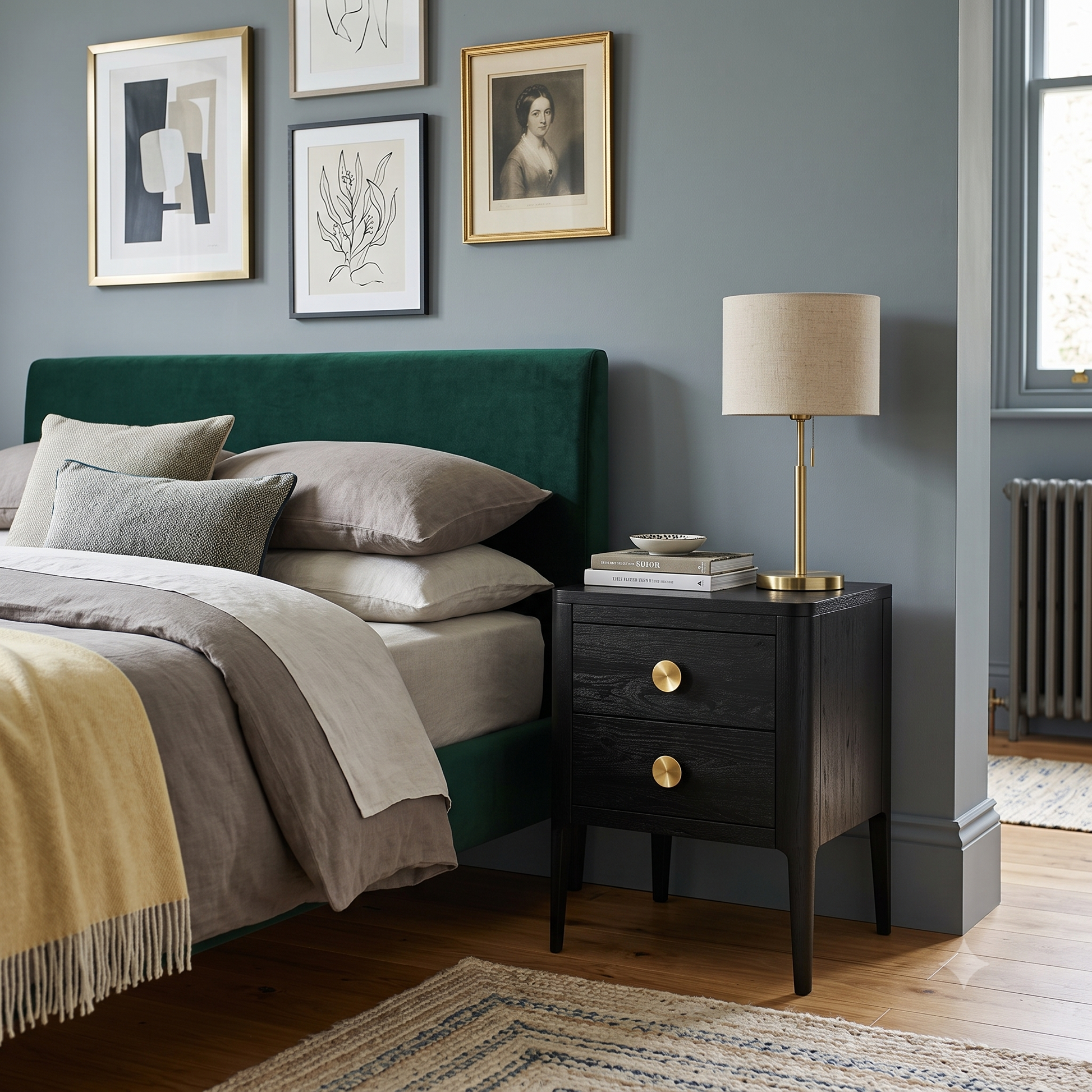 A styled bedroom scene featuring a dark green velvet bed headboard, a black wooden nightstand with gold knobs, and a table lamp with a beige drum shade and gold base, set against a muted blue-gray wall with framed art.