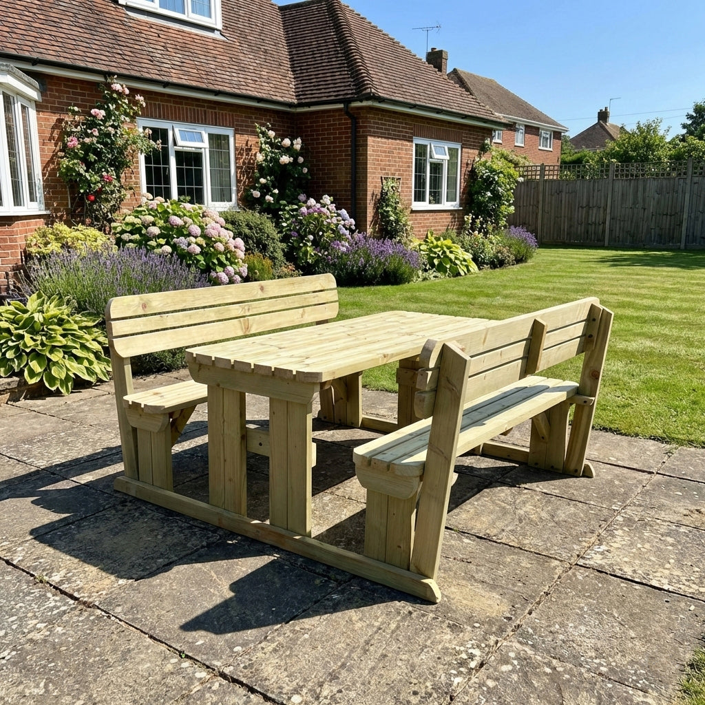 Wooden garden table with benches in a backyard setting