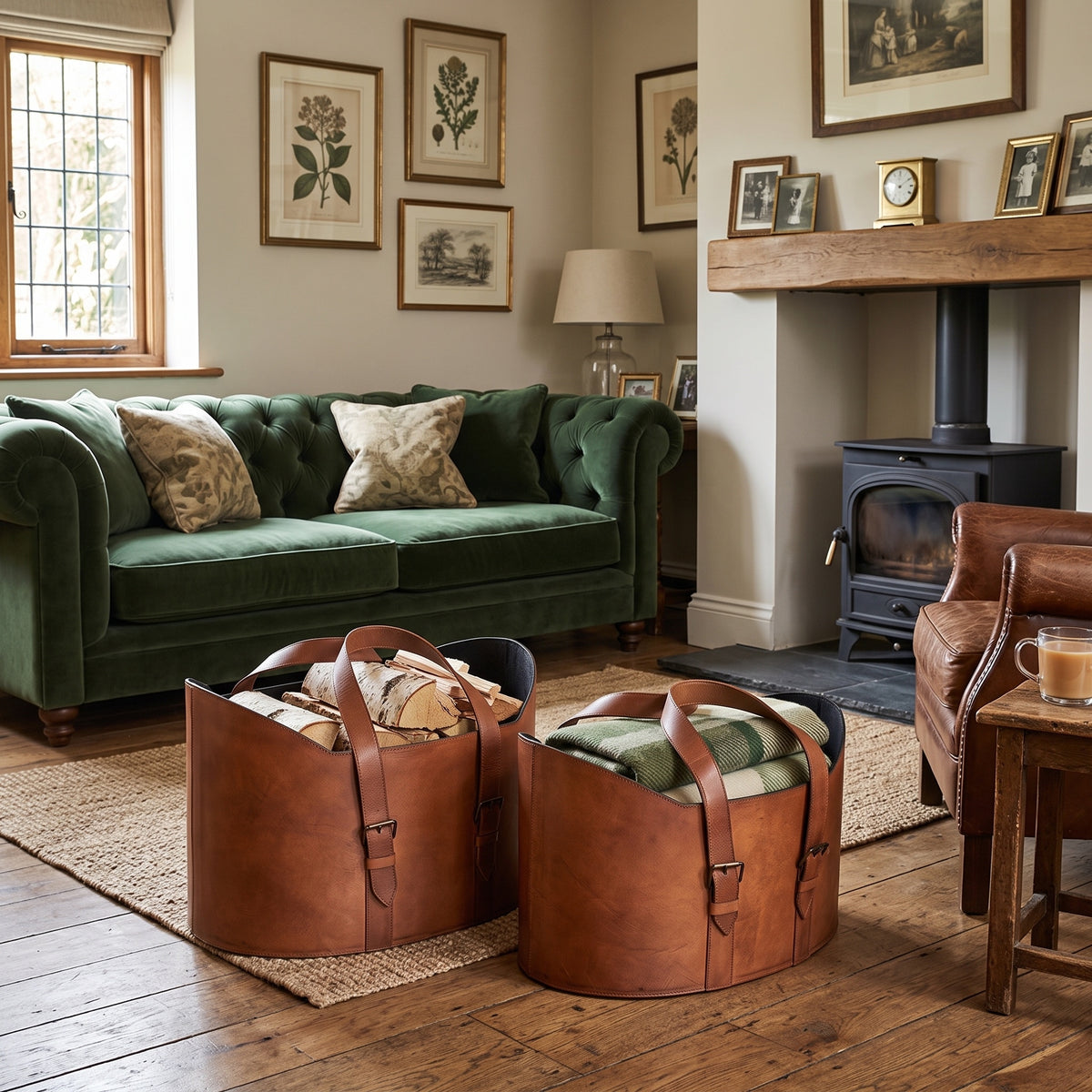 Two large brown leather storage baskets filled with folded blankets and clothing sit on a woven rug in a rustic living room with a green sofa, fireplace, and framed botanical prints.