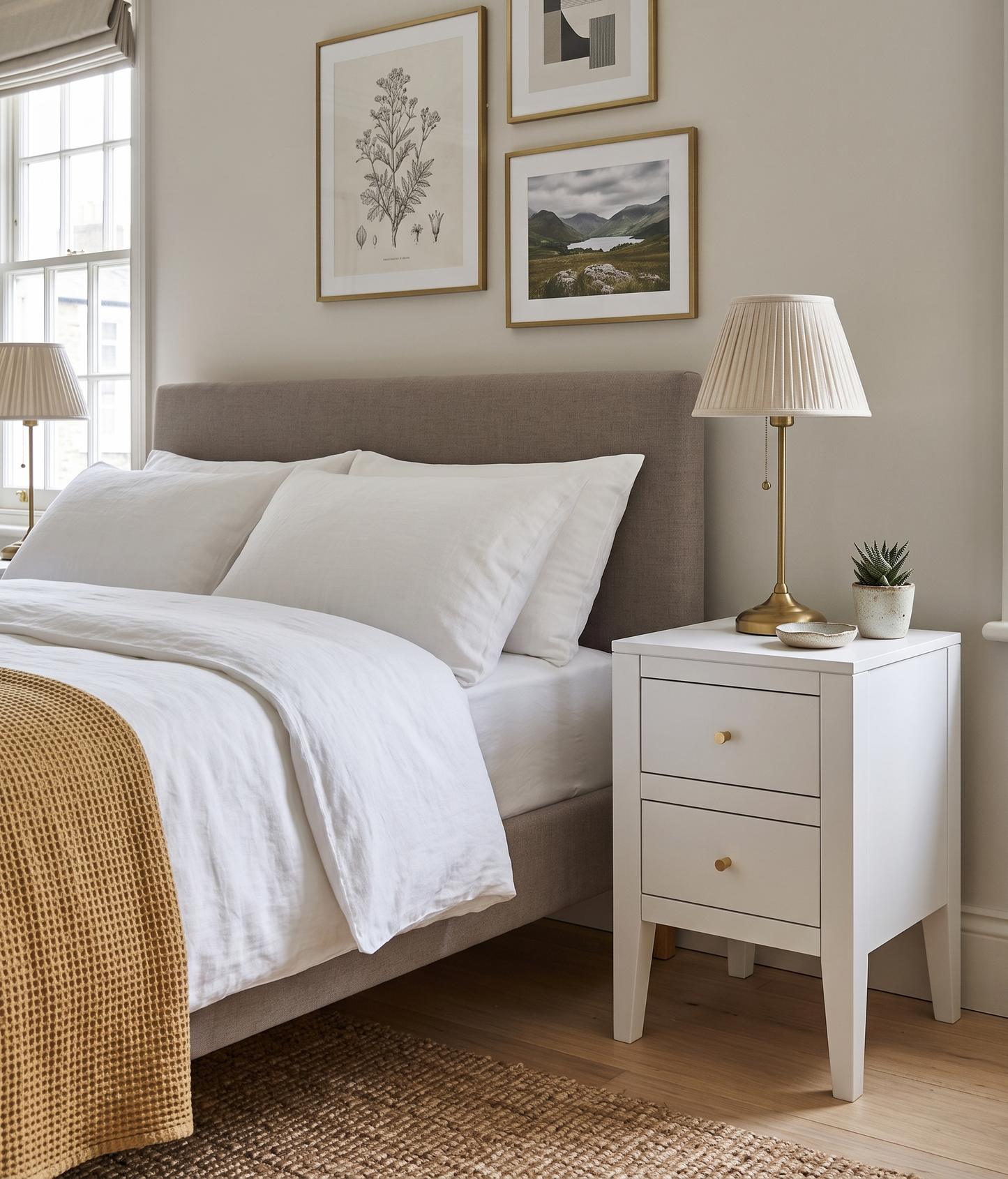 Neatly made bed with white bedding and a nightstand in a bedroom setting.