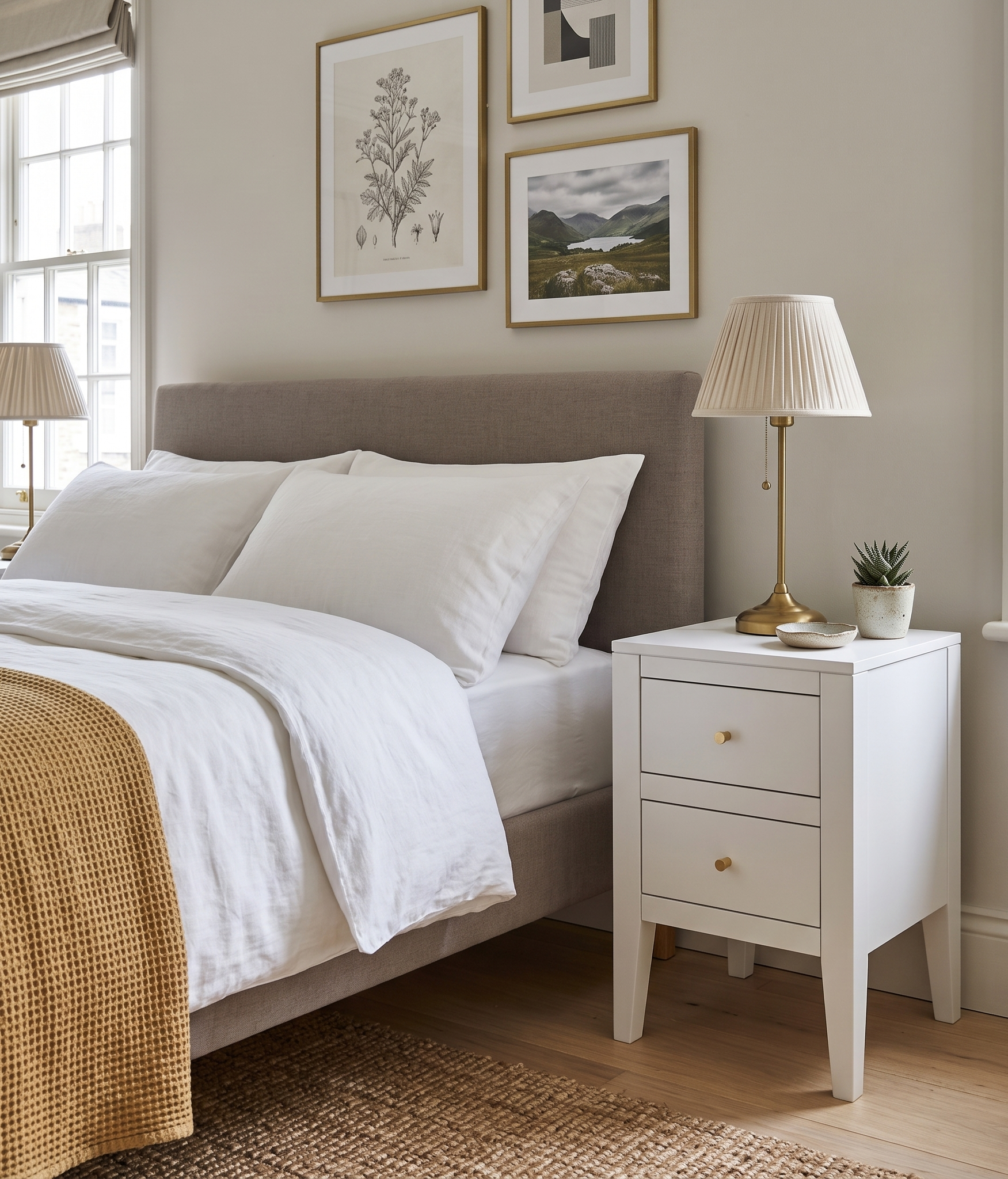 Neatly made bed with white bedding and a nightstand in a bedroom setting.