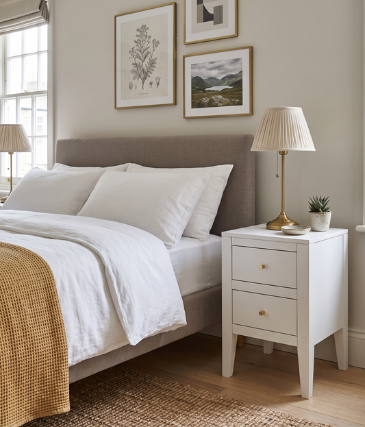 Neatly made bed with white bedding and a nightstand in a bedroom setting.