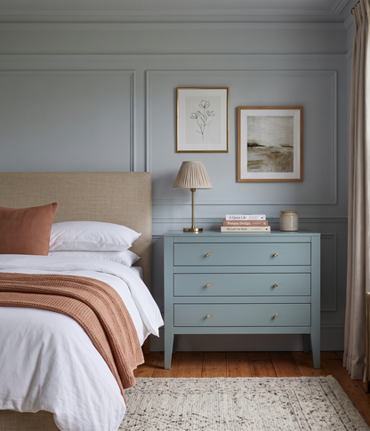 Neatly arranged bedroom with a bed, nightstand, and decor elements.