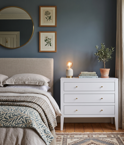 Nursery with a white dresser, round mirror, and framed pictures on a blue wall.