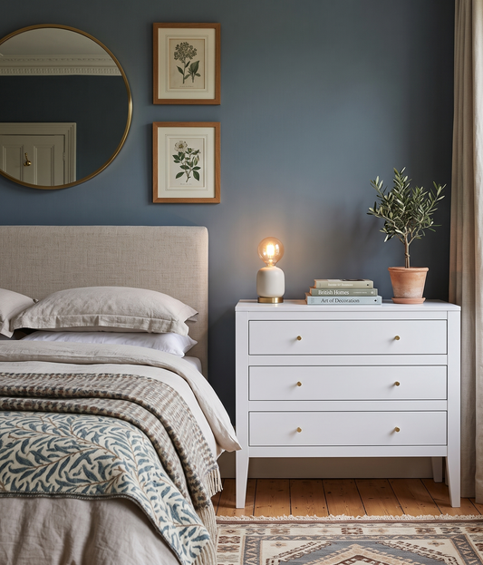 Nursery with a white dresser, round mirror, and framed pictures on a blue wall.