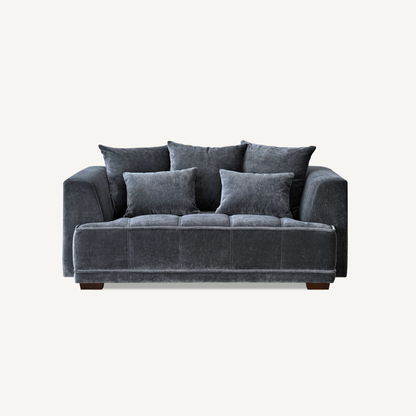 Shop the Aluxo Gramercy 2 Seater Sofa in Steel Velvet, featuring block stitched seat cushions and stunning steel-coloured mermaid boucle fabric for a modern luxury with timeless opulence. Shop online today at www.nobleandnook.co.uk