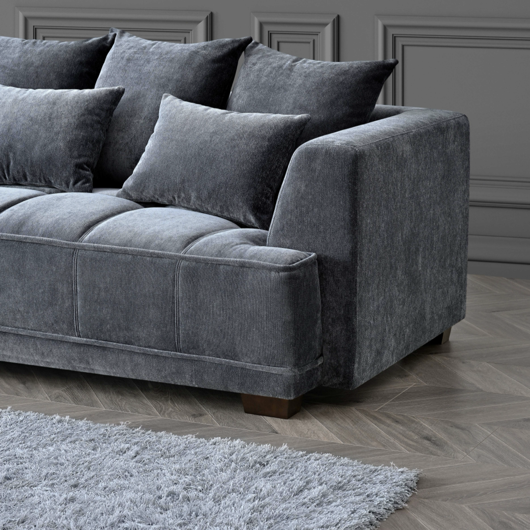 Shop the Aluxo Gramercy 2 Seater Sofa in Steel Velvet, featuring block stitched seat cushions and stunning steel-coloured mermaid boucle fabric for a modern luxury with timeless opulence. Shop online today at www.nobleandnook.co.uk