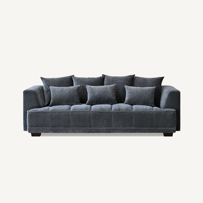 Shop the Aluxo Gramercy 3 Seater Sofa in Steel Velvet, featuring block stitched seat cushions and stunning steel-coloured mermaid boucle fabric for a modern luxury with timeless opulence. Shop online today at www.nobleandnook.co.uk