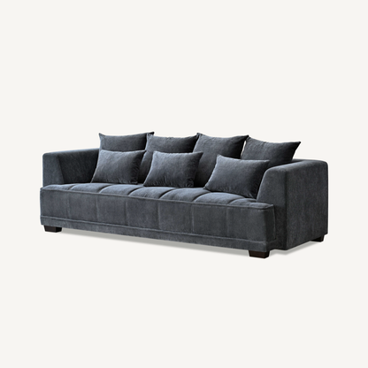 Shop the Aluxo Gramercy 3 Seater Sofa in Steel Velvet, featuring block stitched seat cushions and stunning steel-coloured mermaid boucle fabric for a modern luxury with timeless opulence. Shop online today at www.nobleandnook.co.uk