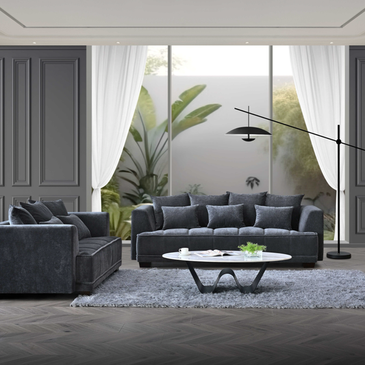 Shop the Aluxo Gramercy 2 Seater Sofa in Steel Velvet, featuring block stitched seat cushions and stunning steel-coloured mermaid boucle fabric for a modern luxury with timeless opulence. Shop online today at www.nobleandnook.co.uk