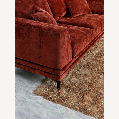 Shop the Aluxo Lenox 3 Seater Sofa in Rust Velvet, a timeless mid-century modern sofa that combines sleek lines and minimalist design with deep, sumptuous cushions for the utmost comfort. Crafted with a solid wooden frame and high-density foam padding. Shop online today at www.nobleandnook.co.uk